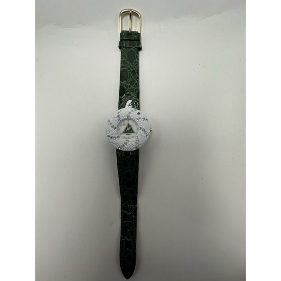 Pearl‎ Christmas Tree Ladies Watch New Battery 36MM 7" Green Leather Band C16 - Picture 2 of 12